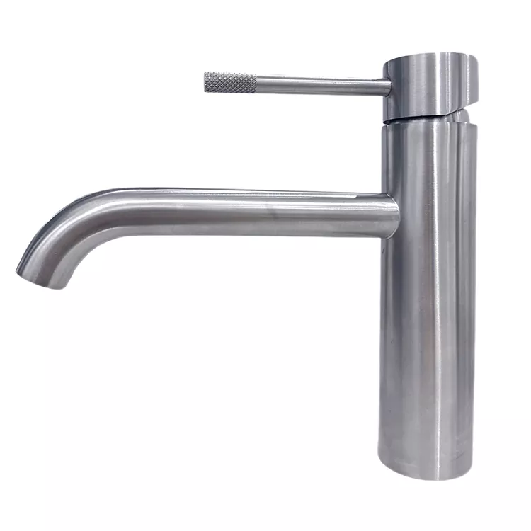 Grifo de lavabo frío y caliente con mango moleteado y caño curvo extendido