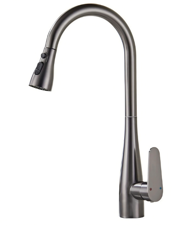 Grifo extraíble para cocina fría y caliente con cuello de cisne de arco alto gris bronce
