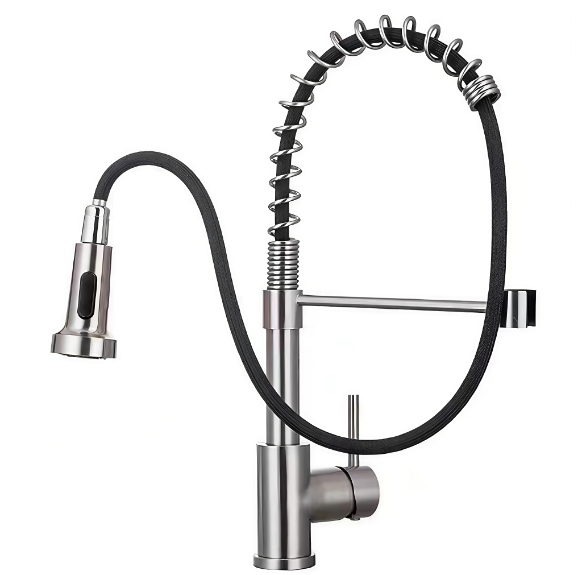 Grifo de fregadero de cocina frío y caliente extraíble con tubo de resorte de curva alta